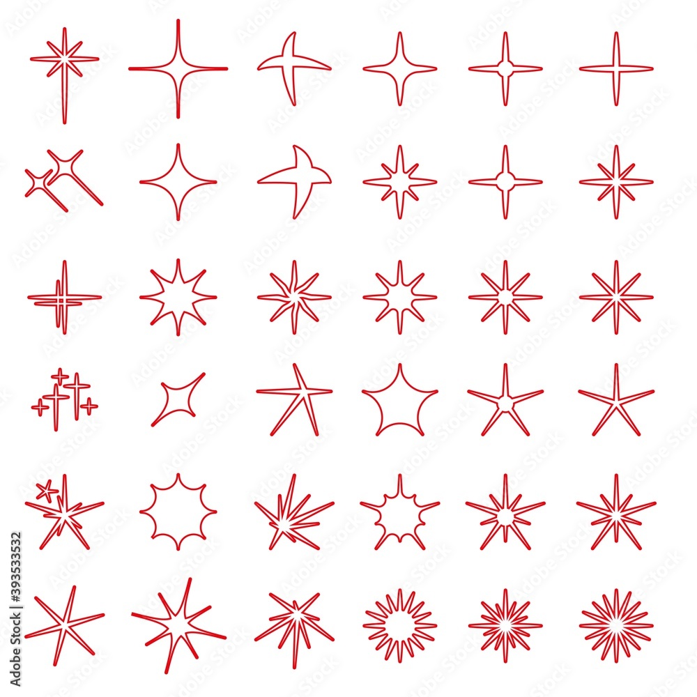 Obraz premium Red linear star sparkles vector set. Bright firework, decoration twinkle, shiny flash. Glowing light effect