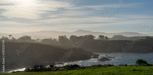 Φωτογραφία view of the misty and rocky tree-lined shore in Galicia