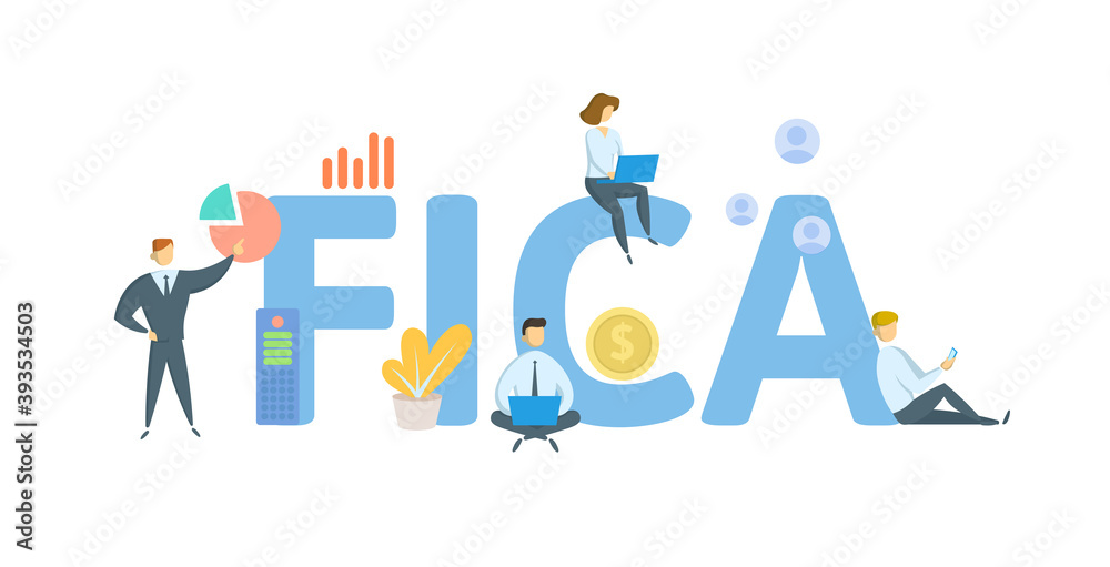 FICA, Federal Insurance Contributions Act. Concept with keywords, people and icons. Flat vector illustration. Isolated on white background. FICA, Federal Insurance Contributions Act. Concept with keywords, people and icons. Flat vector illustration. Isolated on white background.