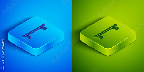 Isometric line Longboard or skateboard cruiser icon isolated on blue and green background. Extreme sport. Sport equipment. Square button. Vector Illustration.
