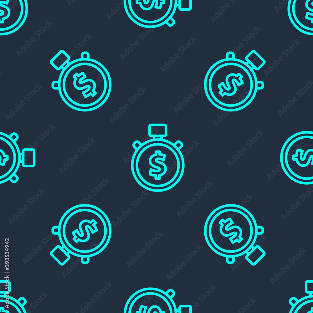 Green line Time is money icon isolated seamless pattern on blue background. Money is time. Effective time management. Convert time to money. Stopwatch. Vector Illustration. Green line Time is money icon isolated seamless pattern on blue background. Money is time. Effective time management. Convert time to money. Stopwatch. Vector Illustration.