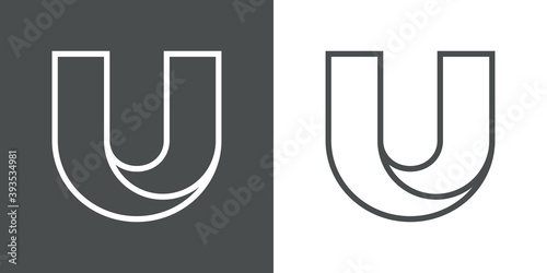 Logotipo inicial letra U tridimensional en linea delgada en fondo gris y fondo blanco