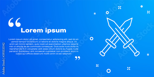 White line Crossed medieval sword icon isolated on blue background. Medieval weapon. Vector.