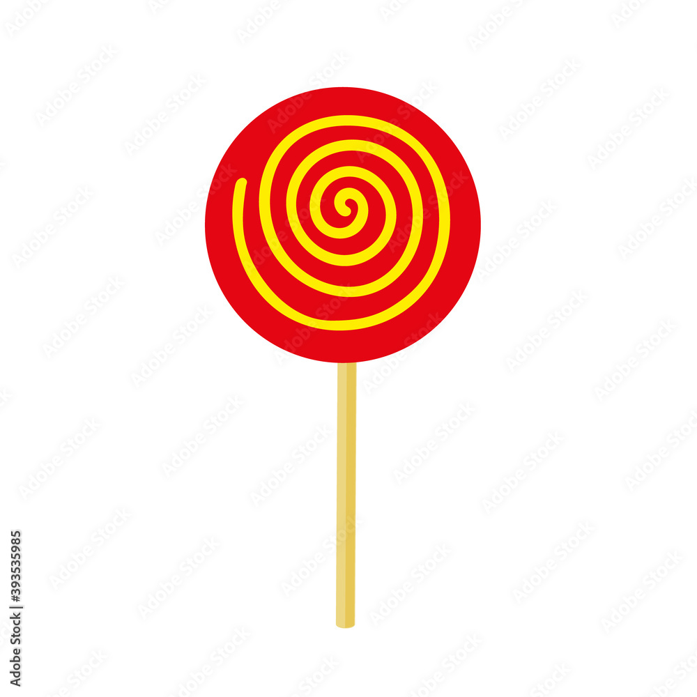 Round, red lollipop in the form of a spiral on a stick on a white background.
