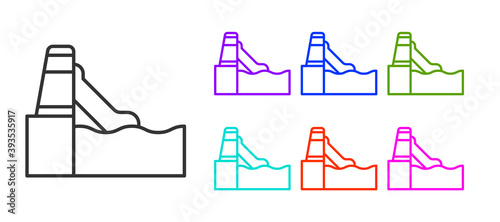 Black line Water slide with pool icon isolated on white background. Aquapark. Set icons colorful. Vector.