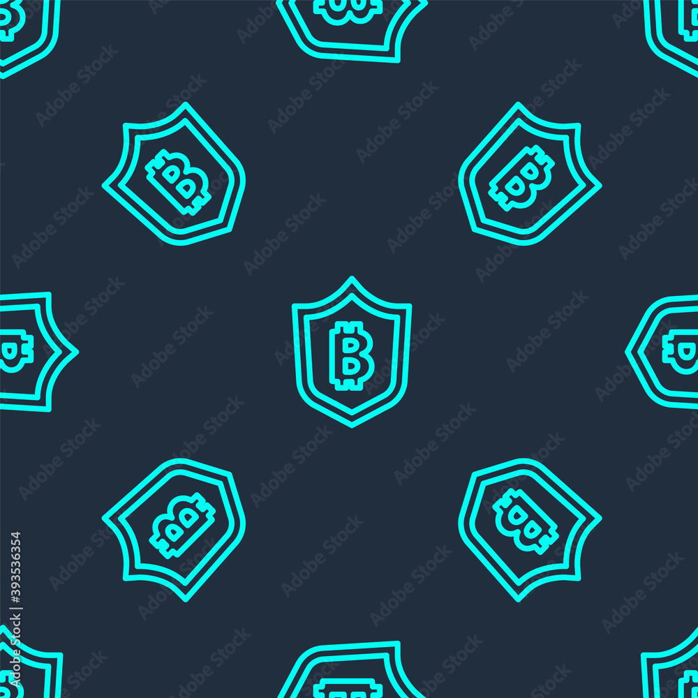 Green line Shield with bitcoin icon isolated seamless pattern on blue background. Cryptocurrency mining, blockchain technology, security, protect, digital money. Vector.