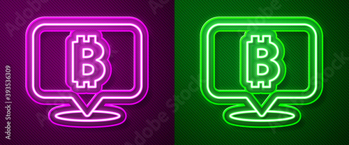 Glowing neon line Cryptocurrency coin Bitcoin icon isolated on purple and green background. Physical bit coin. Blockchain based secure crypto currency. Vector.