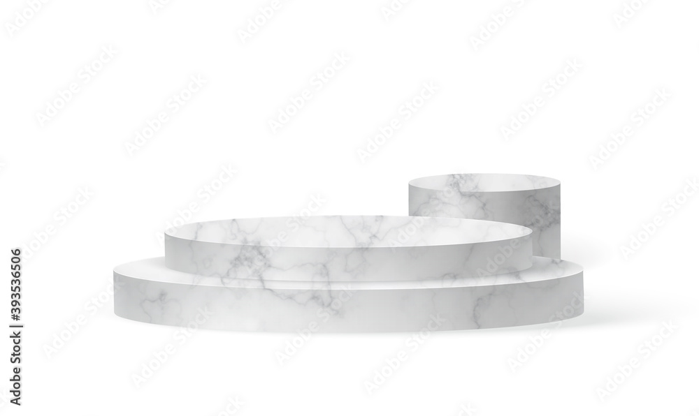 Marble cylinder podium scene, winner pedestal. White marble cylinder template for showroom podium scene. Vector white pedestal for product presentation.