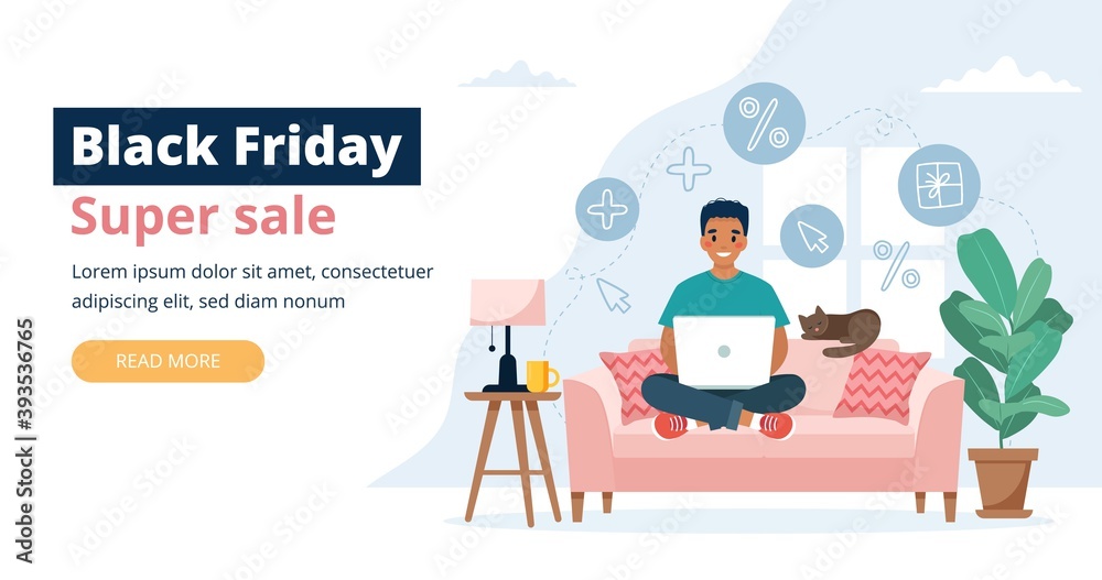 Black friday banner with man holding a laptop. Vector illustration template