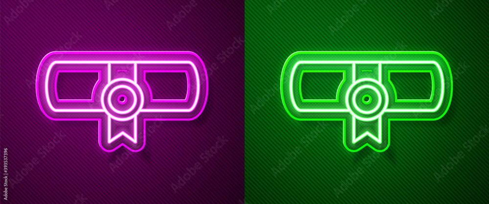 Glowing neon line Decree, paper, parchment, scroll icon icon isolated on purple and green background. Vector. Glowing neon line Decree, paper, parchment, scroll icon icon isolated on purple and green background. Vector.