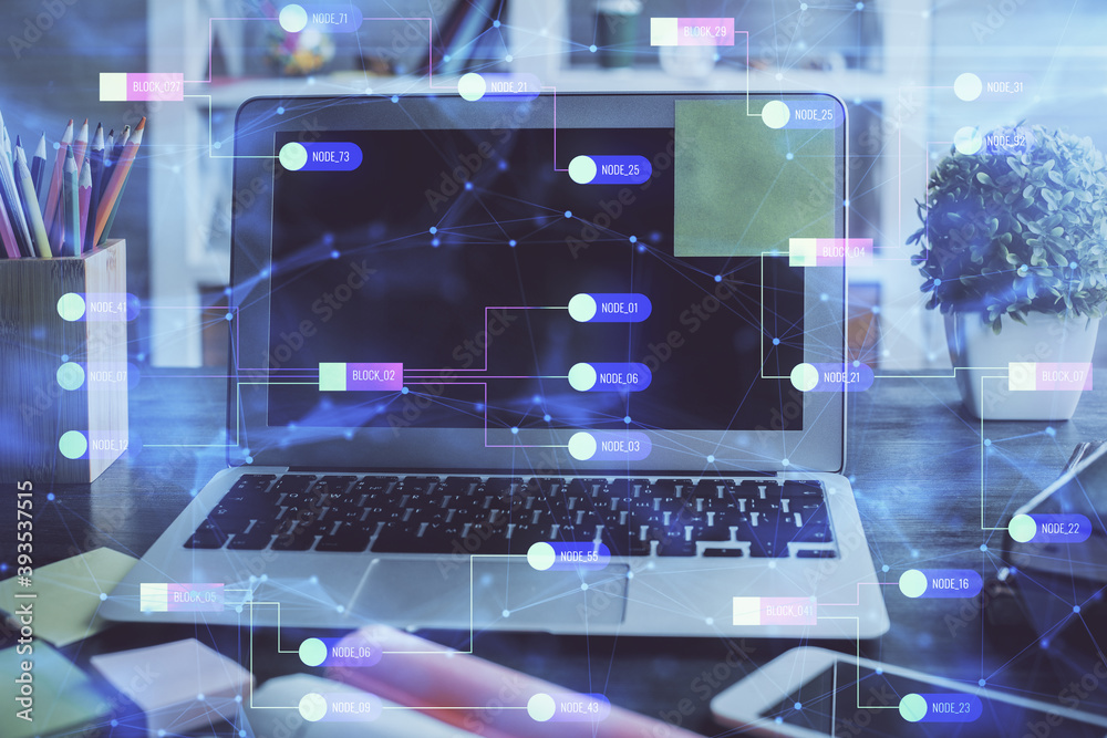 Double exposure of desktop with personal computer on background and tech theme drawing. Concept of data analysis. Double exposure of desktop with personal computer on background and tech theme drawing. Concept of data analysis.