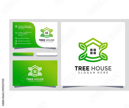 Tree Green House Leaves logo Designs vector illustration, Business card template