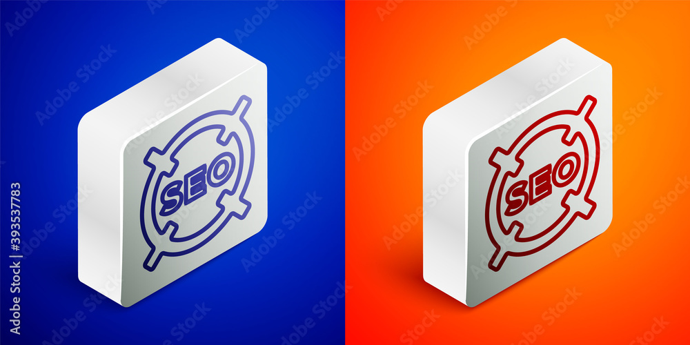 Isometric line SEO optimization icon isolated on blue and orange background. Silver square button. Vector. Isometric line SEO optimization icon isolated on blue and orange background. Silver square button. Vector.