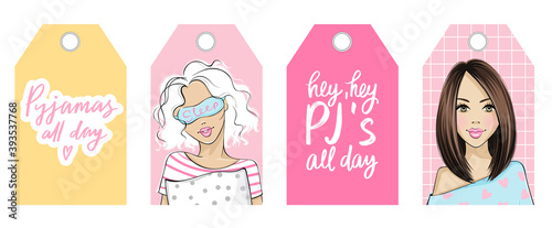 Pajama party vector tags with cute girls and quotes. Young womanl in pyjama and sleep mask.