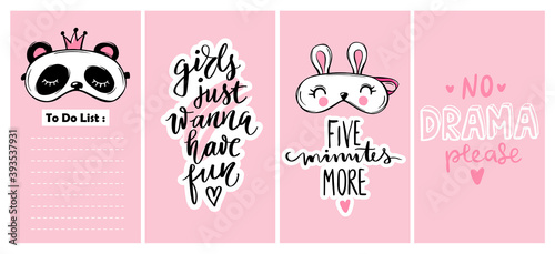 Cute stories template for social media, networks. Cute posters collection with Sleep masks and girls quotes.