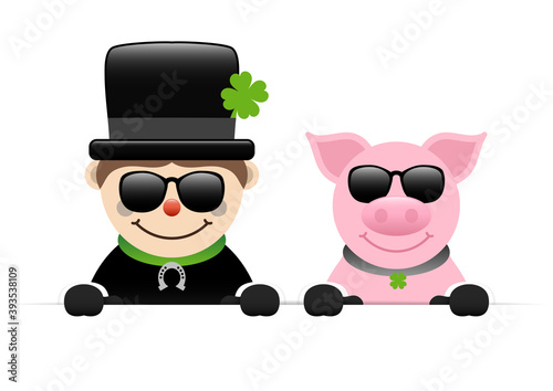 Schornsteinfeger und Schwein Mit Sonnenbrille Halten Banner