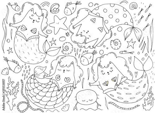 set of cute mermaid cats in doodle style, linear drawing, childrens illustration, decor, design, print