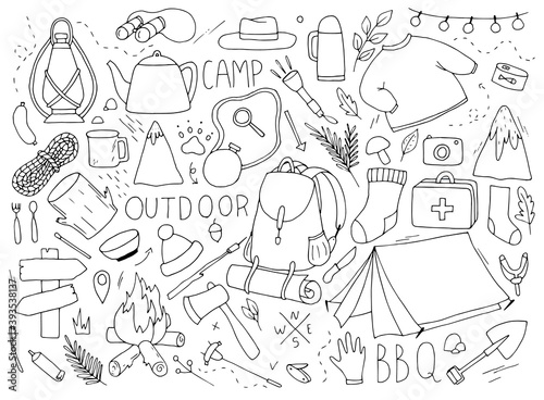 travel and camp in doodle style, linear drawing, childrens illustration, minimalism, polygraph design