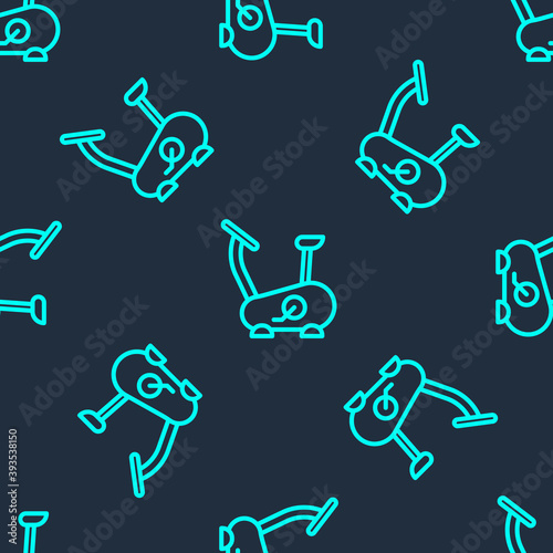 Green line Stationary bicycle icon isolated seamless pattern on blue background. Exercise bike. Vector.
