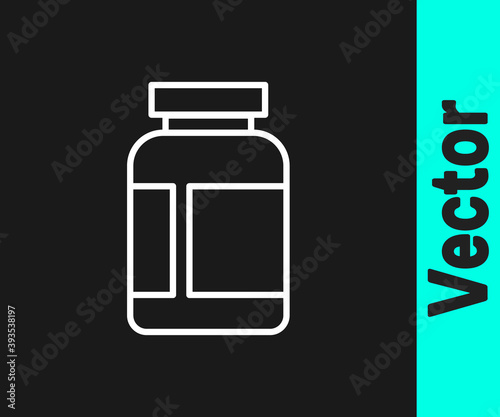 White line Sports nutrition bodybuilding proteine power drink and food icon isolated on black background. Vector.