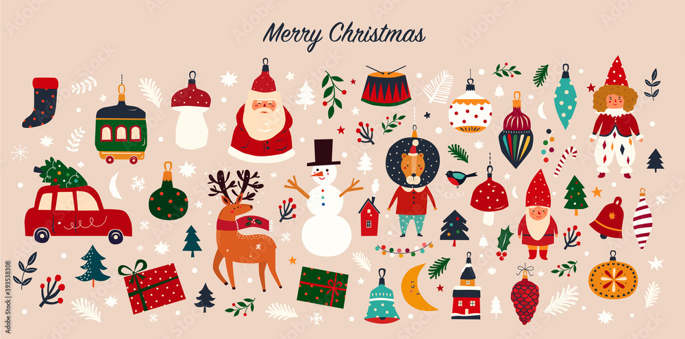 Christmas decorative banner with funny Santa Claus, vintage Christmas toys, Christmas tree and holiday elements. Christmas pattern