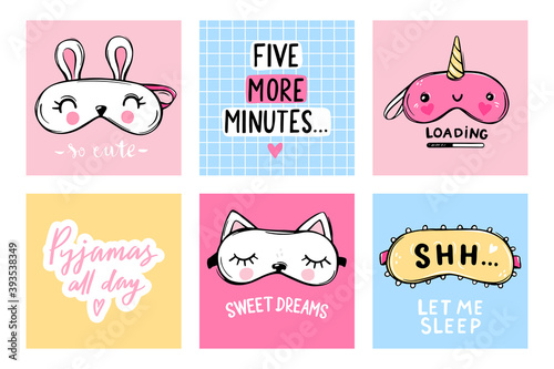 Sleep masks and quotes. Vector cards collection. Blindfold classic and animal shaped - unicorn, cat, rabbit.