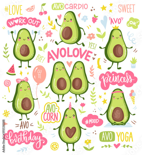 Cartoon avocado characters doing sport, cardio training, yoga, workout, cute princess, unicorn and couple in love. Funny fruits