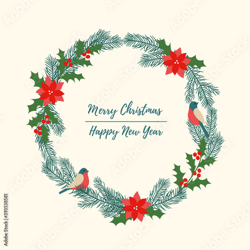 Christmas wreath. Christmas tree, poinsettia, bullfinches. New Year and Christmas design.