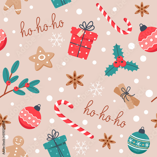 Christmas seamless pattern with baking, gingerbread cookies and new year candies