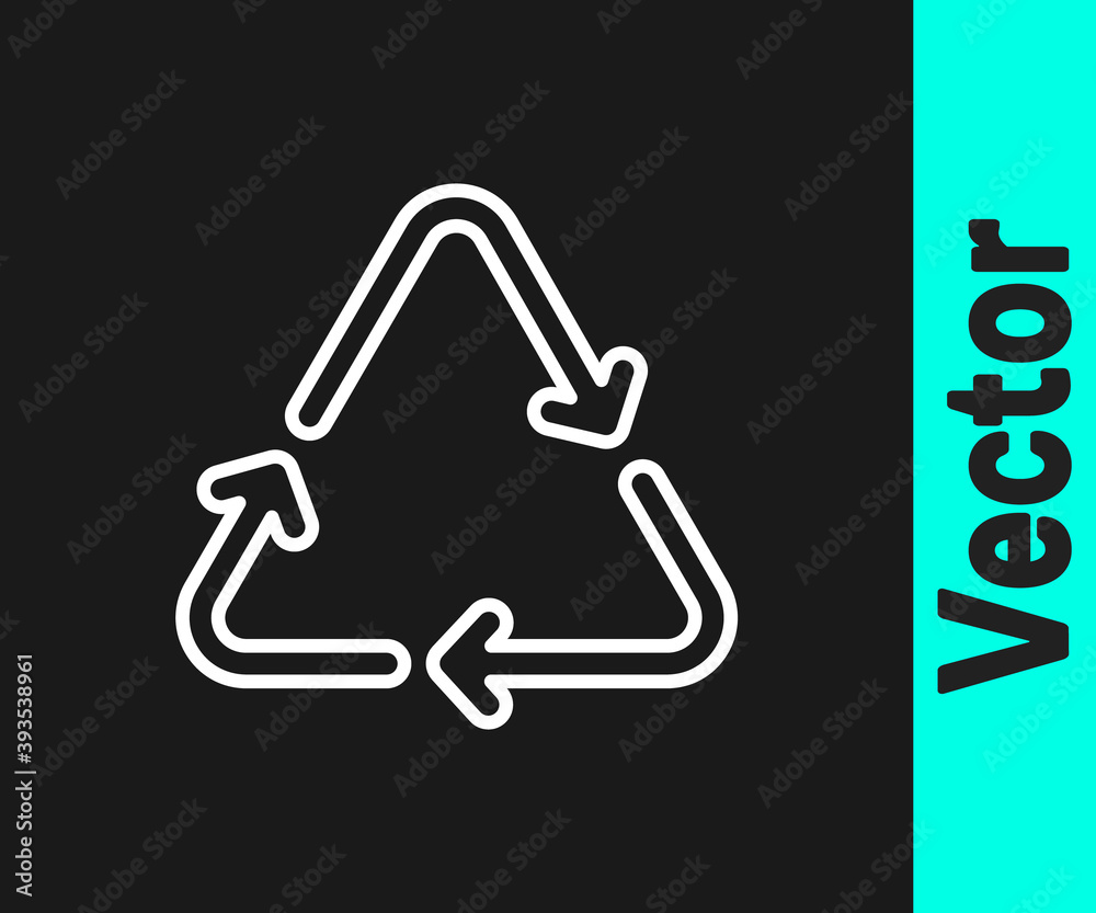 White line Recycle symbol icon isolated on black background. Circular arrow icon. Environment recyclable go green. Vector. White line Recycle symbol icon isolated on black background. Circular arrow icon. Environment recyclable go green. Vector.