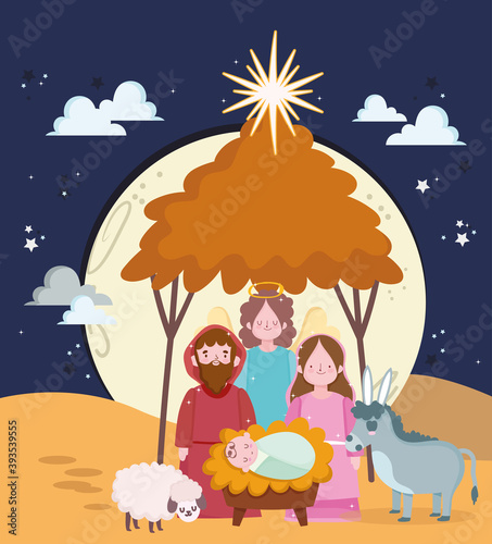 nativity, cute holy mary baby jesus and joseph manger cartoon