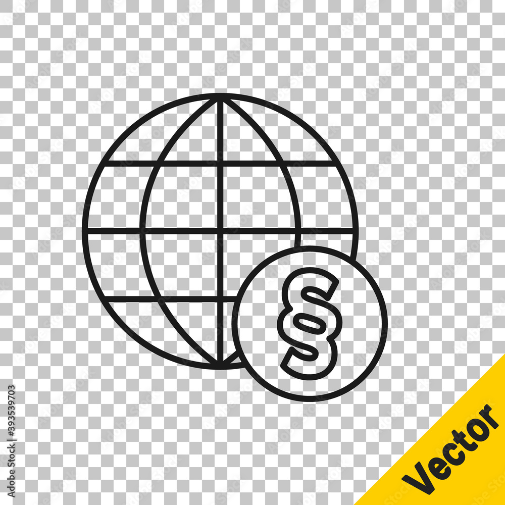 Black line International law icon isolated on transparent background. Global law logo. Legal justice verdict world. Vector. Black line International law icon isolated on transparent background. Global law logo. Legal justice verdict world. Vector.