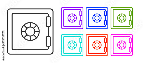 Black line Safe icon isolated on white background. The door safe a bank vault with a combination lock. Reliable Data Protection. Set icons colorful. Vector.