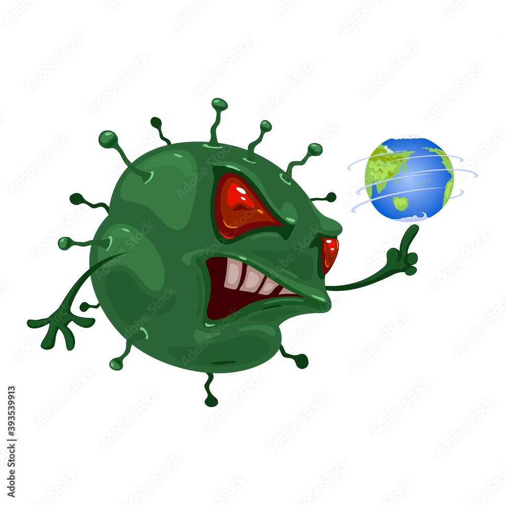 Germ with angry eyes, mouth and teeth spins earth planet on hand. Vector virus spread on earth, infection and illness handover. Coronavirus flu idea isolated on white background