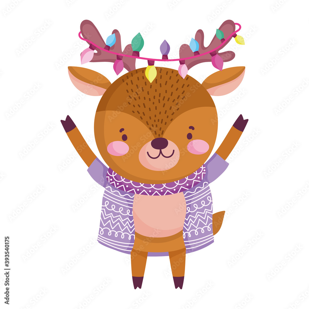 merry christmas, cute reindeer with lights and scarf cartoon celebration icon isolation merry christmas, cute reindeer with lights and scarf cartoon celebration icon isolation