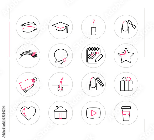 Set of icons for nail Studio and beauty salon. Vector icons for eyelash extensions, eyebrow correction, hair removal, manicure, pedicure. Trendy stylish icons in black and pink. icons for the website