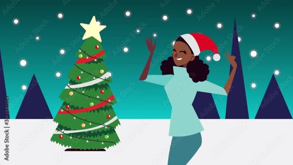 happy merry christmas animation with afro woman wearing santa hat and pine tree happy merry christmas animation with afro woman wearing santa hat and pine tree