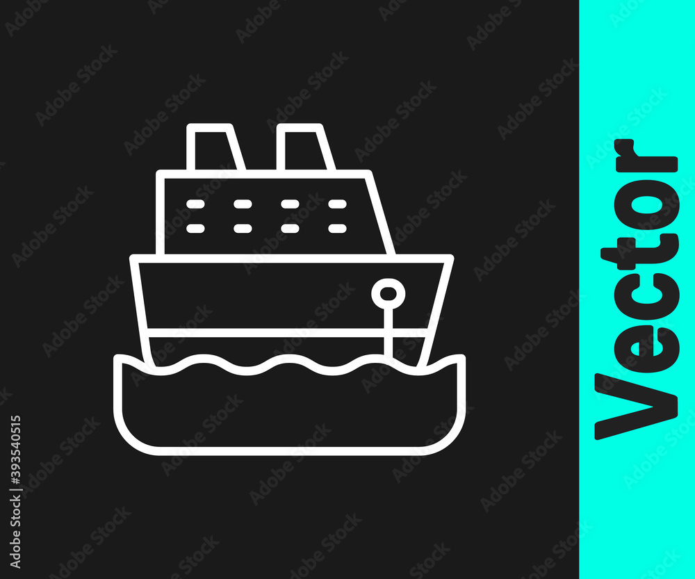 White line Cruise ship icon isolated on black background. Travel tourism nautical transport. Voyage passenger ship, cruise liner. Worldwide cruise. Vector. White line Cruise ship icon isolated on black background. Travel tourism nautical transport. Voyage passenger ship, cruise liner. Worldwide cruise. Vector.