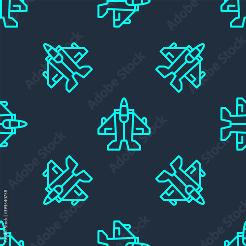 Green line Jet fighter icon isolated seamless pattern on blue background. Military aircraft. Vector.