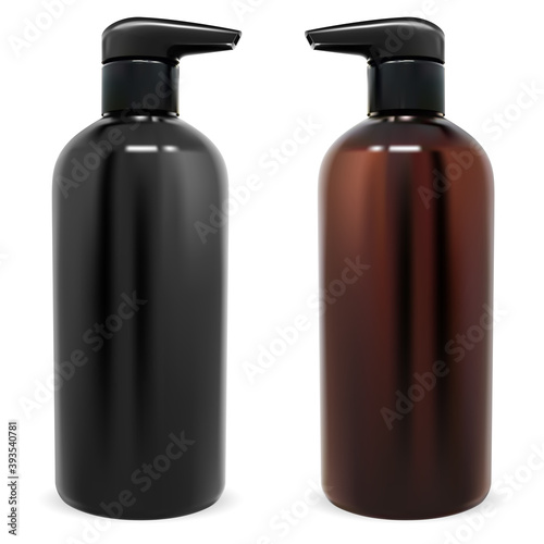 Pump bottle. Black and Brown cosmetic bottles with dispenserfor shampoo, lotion or gel product. Plastic package template mockup for liquid soap. Realistic moisturizer tube, clear without label