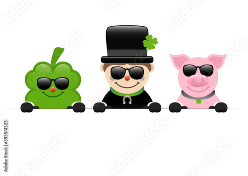 Kleeblatt Schornsteinfeger Und Schwein Mit Sonnenbrille Halten Horizontales Banner