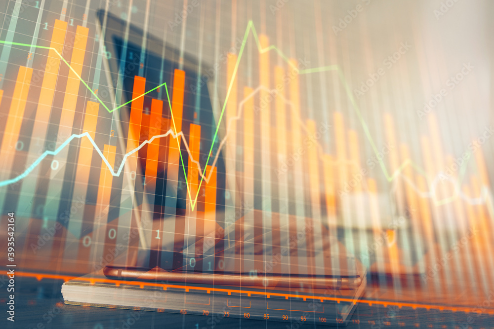 Stock market graph and table with computer background. Multi exposure. Concept of financial analysis. Stock market graph and table with computer background. Multi exposure. Concept of financial analysis.