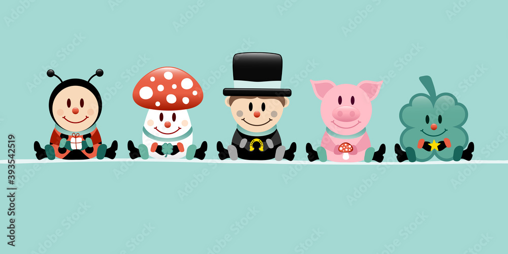 Naklejka premium Banner Marienkäfer Fliegenpilz Schornsteinfeger Schwein Und Kleeblatt Türkis