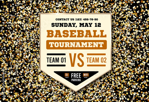 Baseball plate on the background of the grass field. Vector. Baseball game announcement.