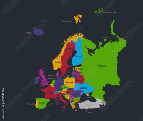 Infographics Europe map, flat design colors, with names of individual states, blue background blank