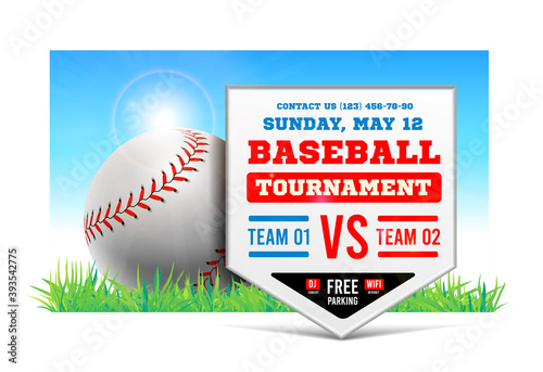 Baseball plate on the background of the grass field. Vector. Baseball game announcement.