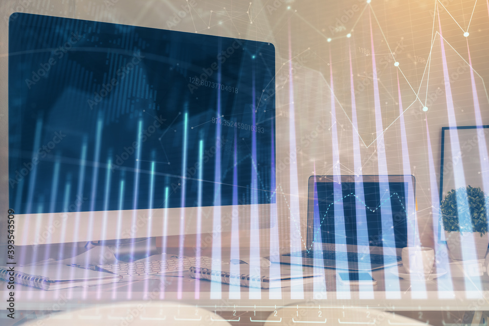 Stock market graph on background with desk and personal computer. Double exposure. Concept of financial analysis. Stock market graph on background with desk and personal computer. Double exposure. Concept of financial analysis.