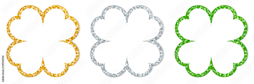 Set Drei Gerade Kleeblätter Rahmen Glitzer Gold Silber Grün Set Drei Gerade Kleeblätter Rahmen Glitzer Gold Silber Grün