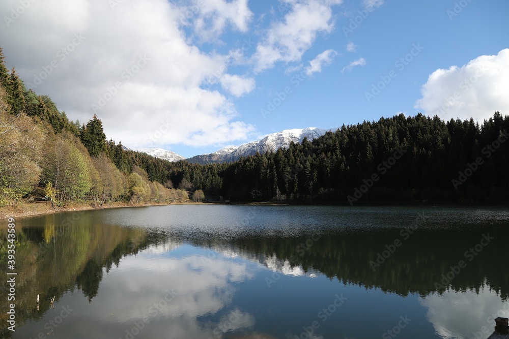 Autumn forest lake water view. Forest lake water in autumn. Autumn forest lake. Autumn forest lake view