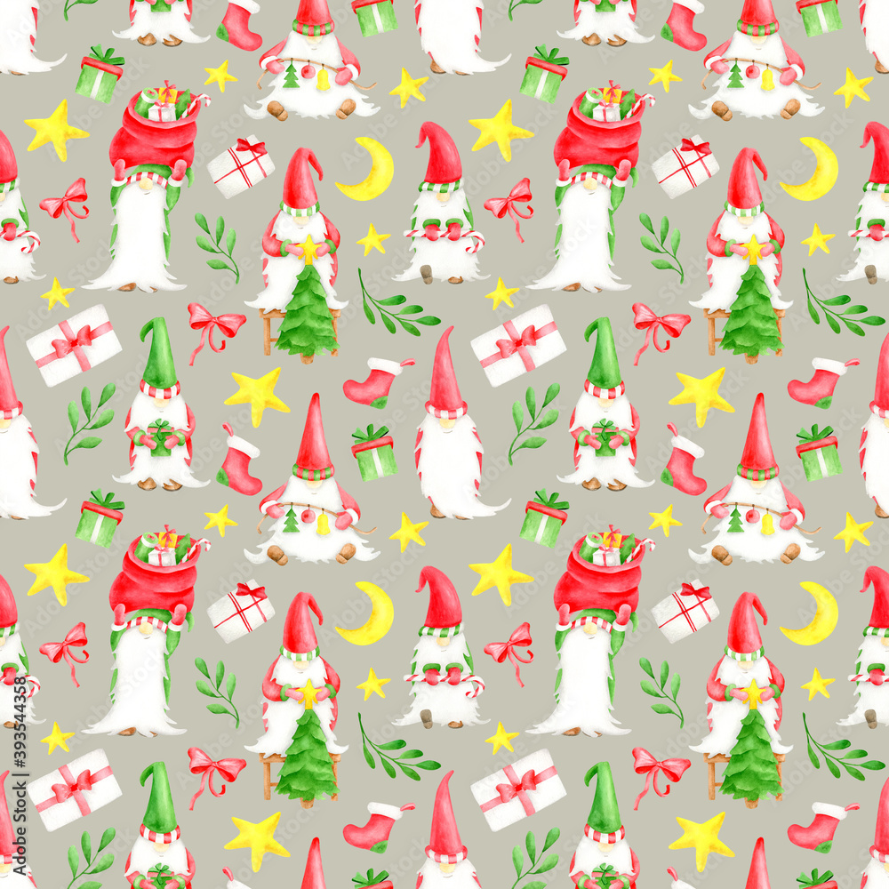 Watercolor Christmas seamless pattern with gnomes, gift box, red bow, mistletoe leaves, star and christmas sock. Cute illustration on silver grey background for wrapping, New year decor, print design